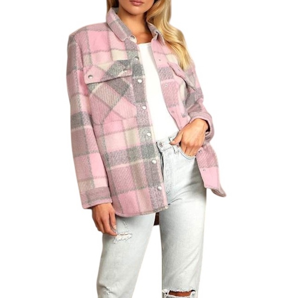 Blank NYC women’s oversized flannel Cabin Fever Pink Multi Plaid Shacket size xs